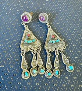 Vintage Matilde Poulat Matl Sterling Silver Earrings Turquoise, Coral & Amethyst - Picture 1 of 5