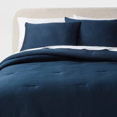King Washed Cotton Sateen Comforter and Sham Set Dark Navy - Threshold - Image 1 of 3