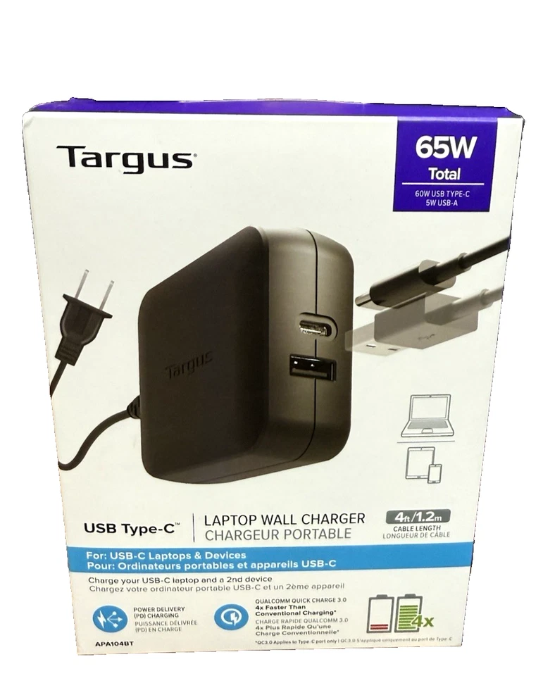 Targus 65W USB-C Laptop And Phone Charger APA104BT Charge Simultaneously