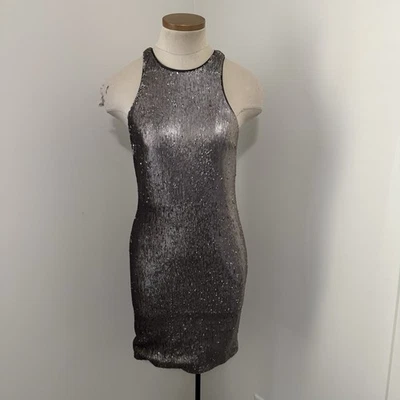 HALSTON Heritage Women’s Small Silver Sequin Mini Dress Cocktail Party Festive  - Image 1 of 4