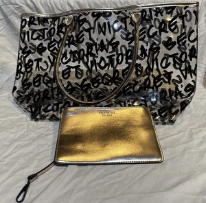 Victorias Secret Graffiti Logo Clear Tote Bag Gold Trim And Gold Makeup Bag - Picture 1 of 7