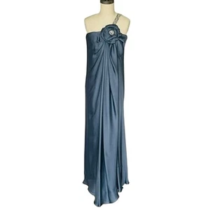 Marchesa Notte One Shoulder Blue Silk Rosette Long Gown Formal Dress - Picture 1 of 13