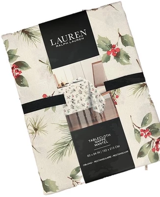 Ralph Lauren Christmas Tablecloth Cotton 60 X 84 Holiday Pine Cones White Green - Image 1 of 4