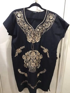 Mexican Dress Black Cotton Tunic Gold Embroidery Size Large - Picture 1 of 4