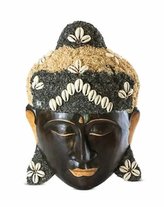Wooden Hand Carved Wall Mask Buddha Head Statue Seashell Sculpture Hanging Decor - Picture 1 of 3