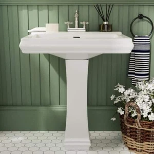 DEERVALLEY Rectangular Bathroom Pedestal White Sink 34.06" w/ Centerset Faucet - Picture 1 of 2