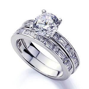 8mm Platinum Plated Silver 2ct CZ Baguette Wedding Engagement Bridal Set Ring