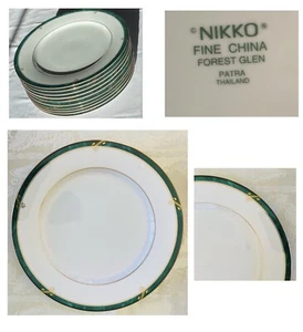 VINTAGE Nikko Dinner Plates FOREST GLEN Fine China Green Gold Rim 10-Piece Set - Picture 1 of 5