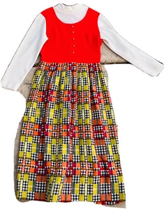 Vintage dress red 15 16 Acrylic Long White Top Gold Buttons 70s Boho Yellow - Picture 1 of 12