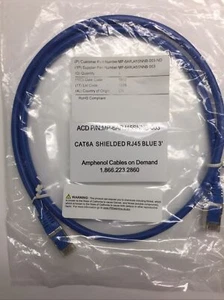 MP-6ARJ45SNNB-003 Amphenol CAT6A Shielded Cable RJ45 Blue 3' 8P8C Plug-Plug - Picture 1 of 5
