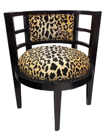 Mid Century Black Lacquer Wood Half Moon Chair W/Animal Print Cover