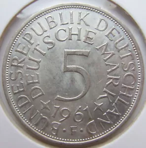 Münze BRD Silberadler 5 Deutsche Mark 1961 F in Vorzüglich / Stempelglanz - Bild 1 von 2