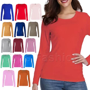 Women Ladies Long Sleeve Shirt Top Loose Fit Plain TShirt Basic Tops Tee T-Shirt - Picture 1 of 28