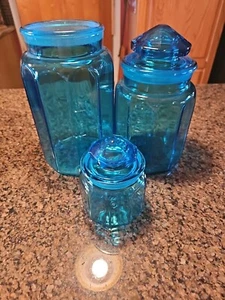 Vtg LE Smith 10 Panel Turquoise Blue Glass Apothecary Canister Lg, Med & Sm - Picture 1 of 20