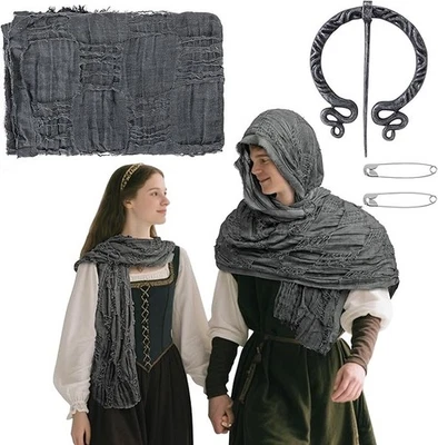 Medieval Hooded Shawl with Viking Brooch, Distressed, Machine Wash, Dark Gray - Image 1 of 4