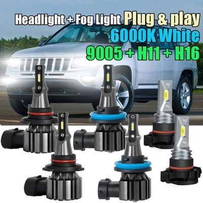 For Jeep Compass 2011 2012 2013 6000K LED Headlight Fog Light 6x Bulbs Combo Kit - Image 1 of 4