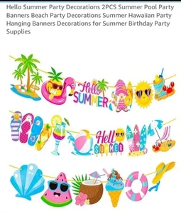 2 Pcs Hello Summer, Luau Party Hanging Banner Beach Pool Decorations - Picture 1 of 1