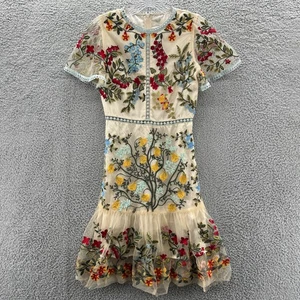 Burryco Dress Womens 2 Cream Floral Embroidered Boho Fairy Short Sleeve Lined - Picture 1 of 10