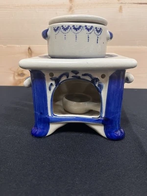 Calentador de aceite de cerámica azul vintage incienso té quemador ligero estufa country chic Foto 1 de 4