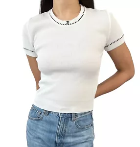 CHANEL Vintage 96P CC Rib Knit Top #38 Stitch Pullover White Black Cotton - Picture 1 of 10