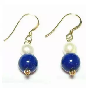 Pendientes de gancho de cuentas de perla blanca genuina y lapislázuli oro 14K, relleno de oro o plata - Imagen 1 de 1
