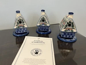 Lot Of 3 Polish Pottery Houses Tea Light Holder ~ 5.5" Tall Unikat ~ With COA - Picture 1 of 12
