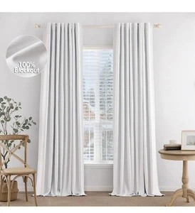 100% Blackout Curtains 90 inches Long Linen Curtains & Drapes 52"W*90"L White - Picture 1 of 6
