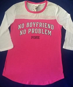 NWT S VICTORIA'S SECRET Pink NO BOYFRIEND NO PROBLEM TEE T-SHIRT Small Top - Picture 1 of 4