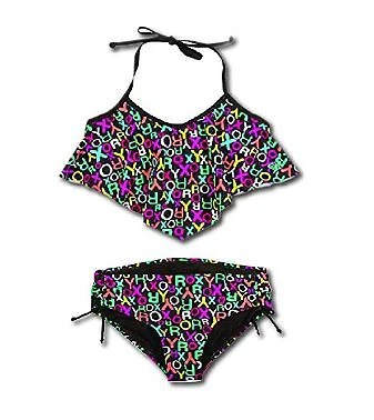 Roxy 16 Girls Halter Flutter 2 Pc Bikini Tankini Swimsuit Pop Logo Black