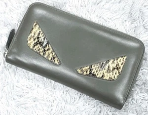 Fendi Bag Bugs Eye Monster Zip Around Long Leather Wallet Gray Used Authentic - Picture 1 of 24