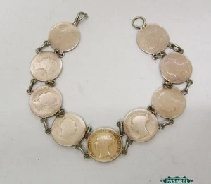 Brazalete de plata esterlina inglesa de cuatro peniques con eslabones de moneda ca 1860 - Imagen 1 de 5