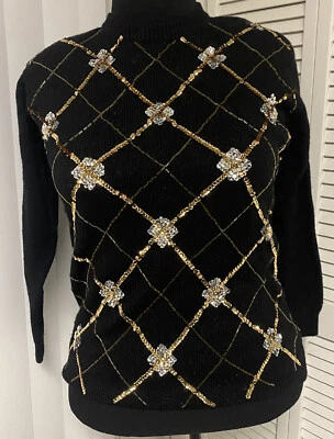 Alfred Dunner Sweater Gold/Silver Sequin/Bead Checker Argyle Size Petite Med PM - Image 1 of 4