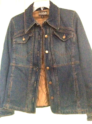 MUJER TALLA S Negro Diamante Marca Denim Jean Chaqueta Abrigo Forrado de Seda Costuras Ajustadas Foto 1 de 4