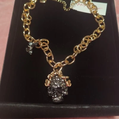 New Betsey Johnson Halloween Gunmetal Crystal Skull Pendant Necklace NWT - Image 1 of 4