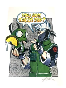 "Impresión de dibujos animados Chibi Kakashi Hatake artista de anime firmado 17""x11""" - Imagen 1 de 9