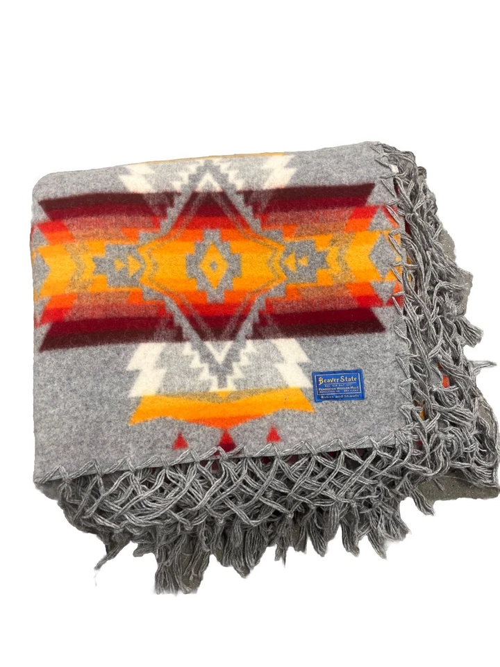 Vintage Wool Pendleton "Beaver State" Blanket Southwest Indian Theme 62x67 Gray - Image 1 of 4