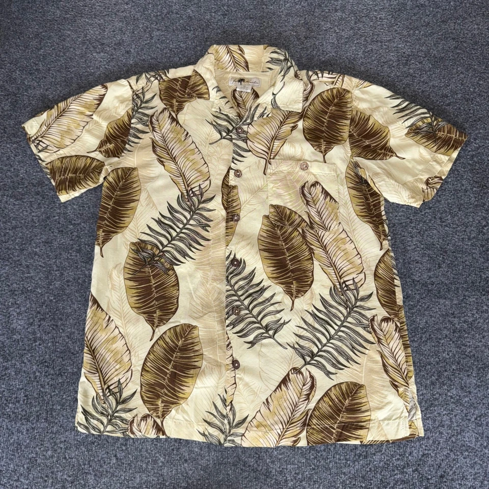 Joe Marlin Mens Medium Hawaiian Shirt Beige Rayon Tropical Leaf Print Button Up - Image 1 of 4