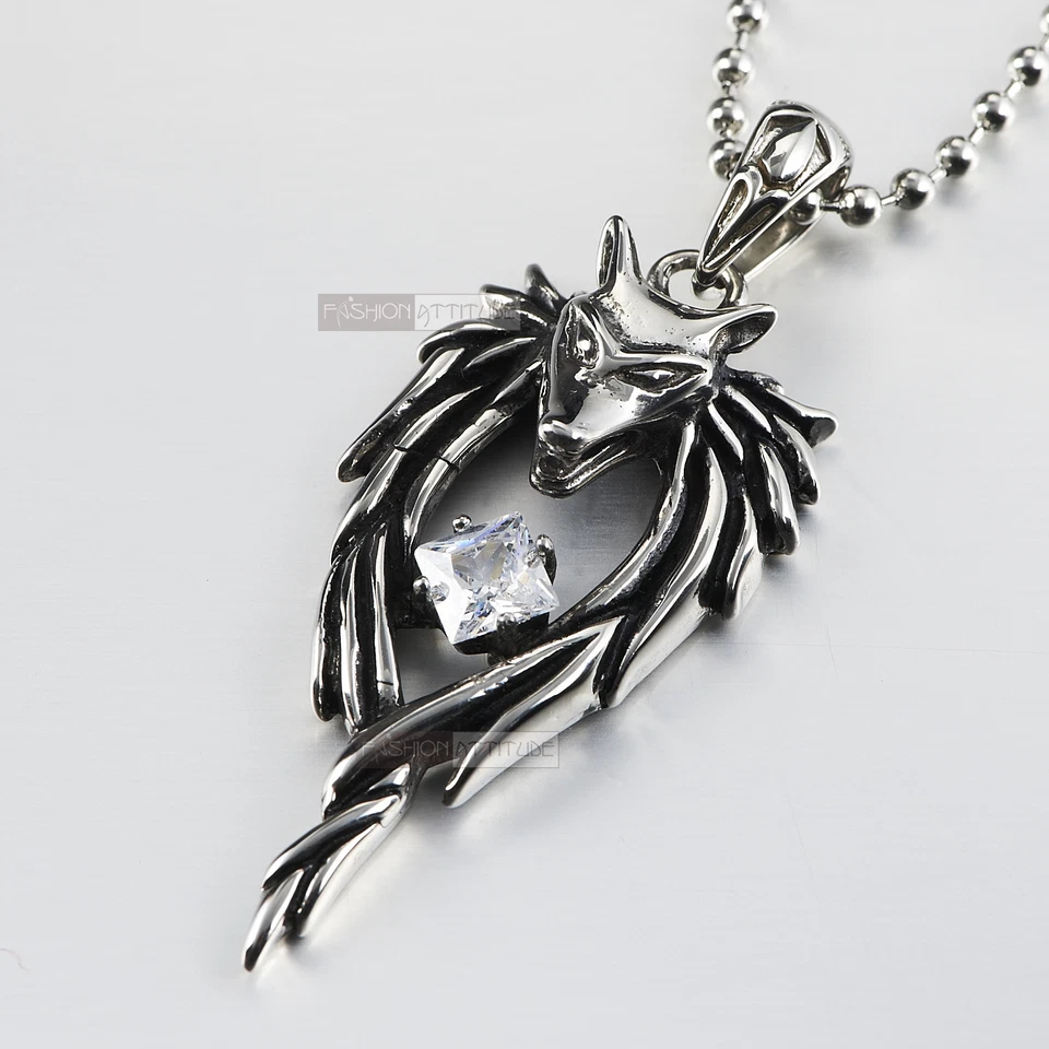 silver WOLF pendant mens womens stainless steel chain necklace crystal 60cm Foto 1 de 3