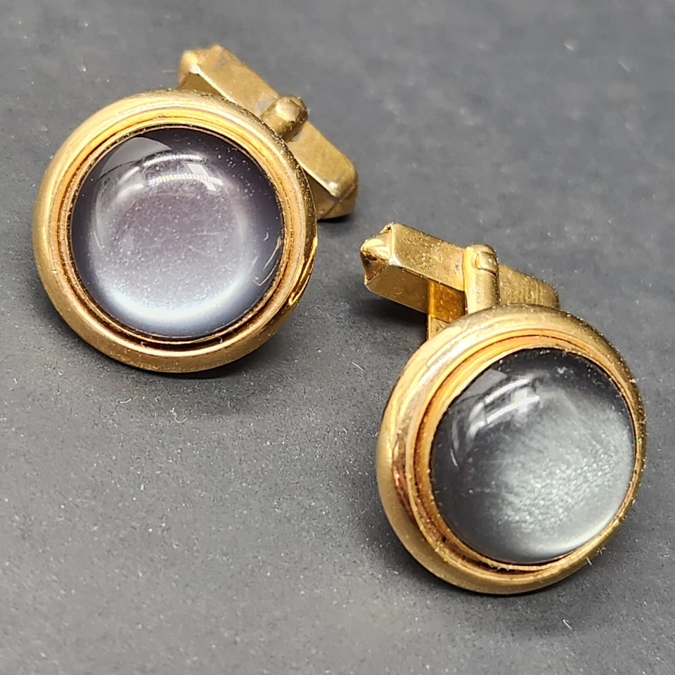 Vintage Swank Gemelos Hombre Gris Lunar Redondo Tono Dorado Bala Espalda Formal Foto 1 de 4