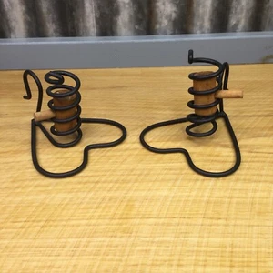 Vtg Pair Primitive Courting Candle Holders Heart Wrought Iron Adjustable Spiral - Picture 1 of 9