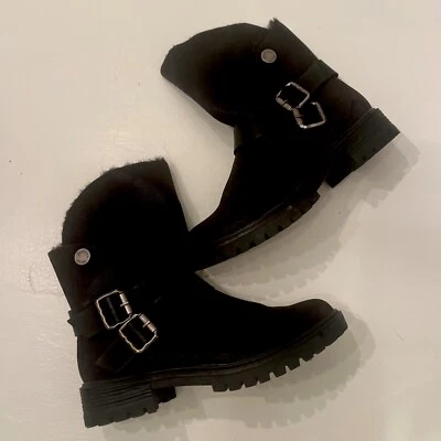 BLOWFISH Boots Womens Sz 7.5 Randall Ankle Black Biker Straps Fur Lined Foto 1 de 2