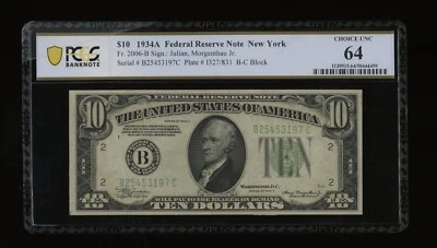 DBR 1934-A $10 FRN New York Fr. 2006-B PCGS-B 64 Serial B25453197C - Image 1 of 2