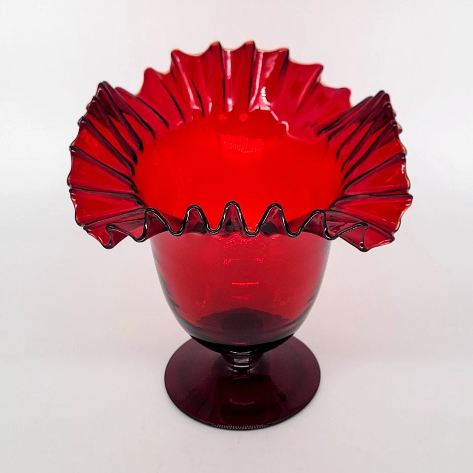 Vintage Blenko Ruby Red Ruffle Top Vase 8'' 388 1930's-40's - Image 1 of 4