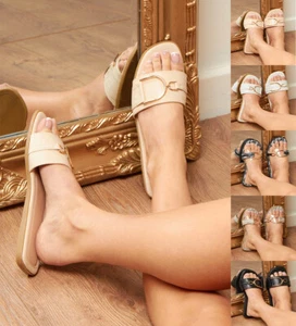 Womens Flat Sliders Sandals Ladies Slip On Buckle Strap Party Slides Slippers - Picture 1 of 31