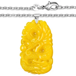 925 Sterling Silver Necklace Womens Men Yellow Jadeite Jade Dragon Pendant D903 - Picture 1 of 5