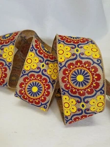 LOT OF 5 YARDS 2 1/2" WIDE PRINTED FAUX BURLAP RIBBON RED NAVY YELLOW - NEW - Picture 1 of 3