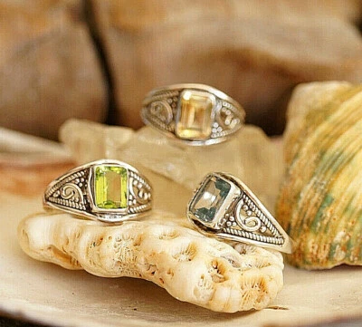 Vintage Eelstein Ring 925er Silber Citrin 56 Gelb Peridot 57 Grün Topas Blau 58 - Bild 1 von 3