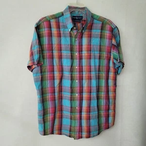 Camisa Ralph Lauren Para Hombres XL Azul Cuadros Mezcla de Lino Ajuste Personalizado Manga Corta Preppy - Imagen 1 de 12