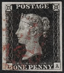 SG2 1840 1d PENNY BLACK Plate 1b (2), AS5h, 4 Margins, LA. - Picture 1 of 2