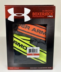 UNDER ARMOUR BOYS ORIGINAL BOXERJOCK UNDERWEAR 2 PK  BLACK YELLOW GREY ORANGE XS - Picture 1 of 3